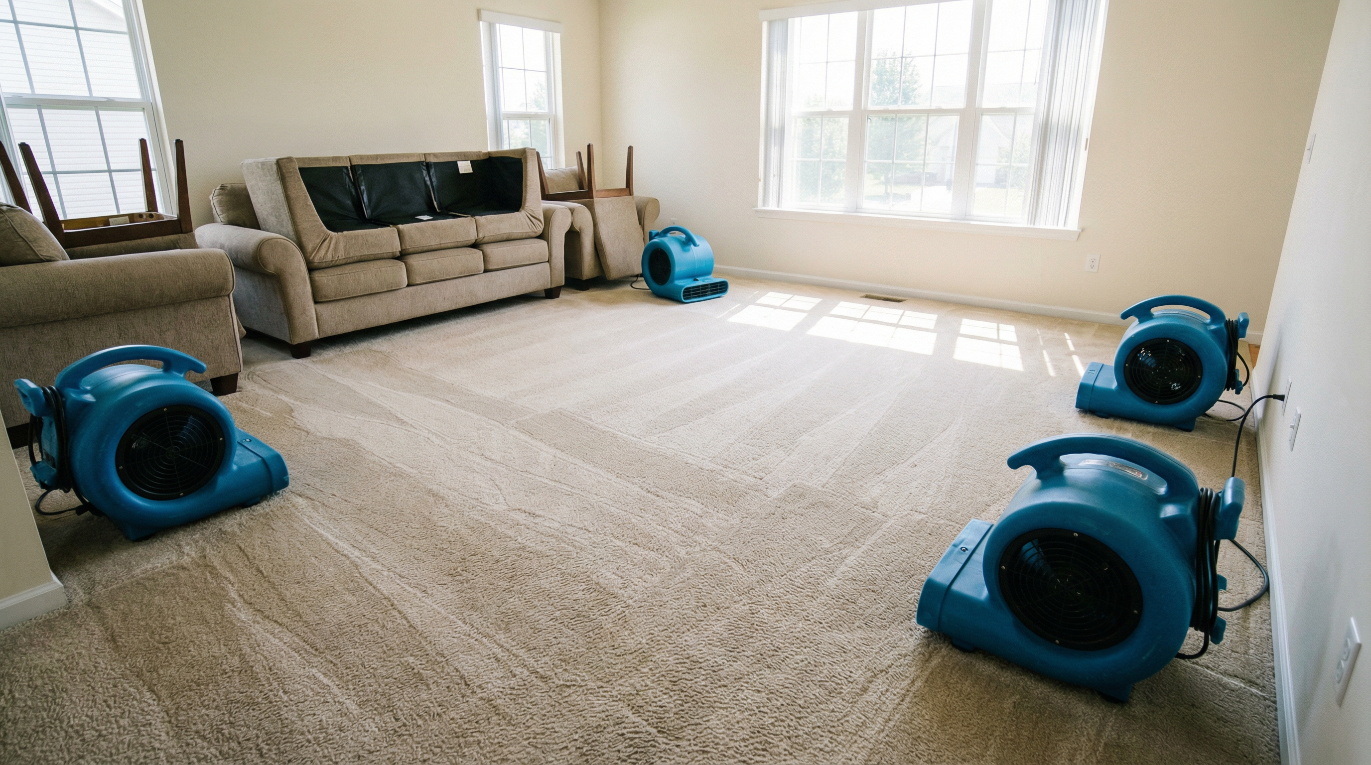 Freshly cleaned living room carpet with air movers