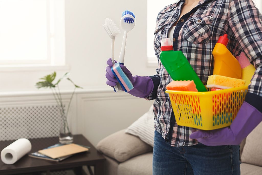 A well-maintained living room with a woman carrying tools for upholstery care - Your Guide To Upholstered Furniture Maintenance